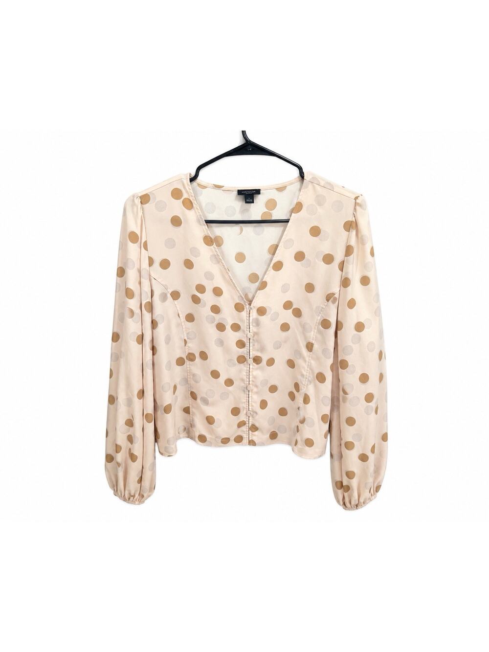 Ann Taylor LOFT Women Long Sleeve Blouse Polka Dot Large Pink Camel